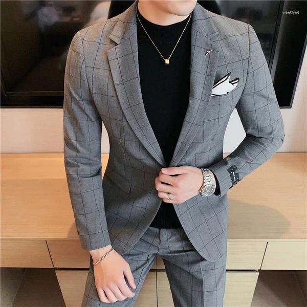 Ternos masculinos (calças jaqueta) 2024 boutique negócios xadrez casamento hostess ternos/vestido de noite masculino blazers calças 2 peças conjunto S-4XL