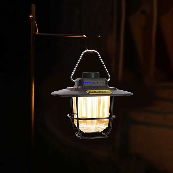 Lanterna de acampamento LED Luzes decorativas suspensas Tipo-c Carregamento Retro Indicador de bateria de iluminação de acampamento com gancho regulável para equipamentos ao ar livre YQ240124