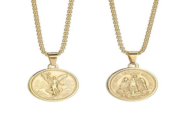 Anhänger Halsketten Männer Frauen Italien Gold Finish Runde Baguette Fassung Mexikanische Münze Centenario Mexicano Moneda 50 Pesos7969912