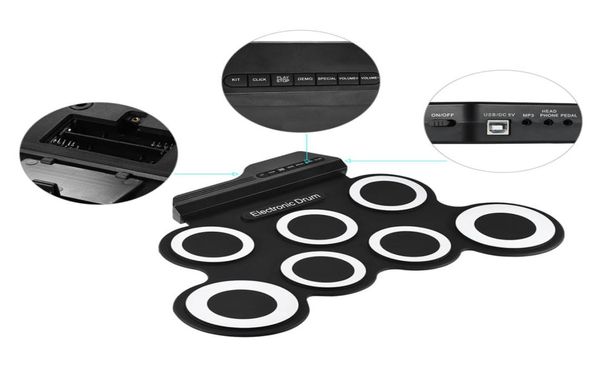 Batteria elettronica portatile USB digitale 7 pad Set di tamburi a rullo Kit di cuscini per batteria elettrica in silicone con pedale per bacchette8968150