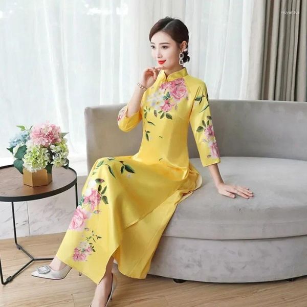 Abbigliamento etnico Orientale Elegante Sottile Qipao Donna Moderno Stile Nazionale Cina Costume Cinese Tradizionale Abito da Banchetto retrò Stampa Ao Dai