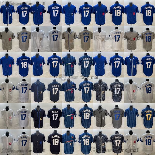 2023-24 Yeni Beyzbol 17 Shohei Ohtani Jersey Stitch Eve uzakta 18 Yoshinobu Yamamoto Formaları Mavi Beyaz Gri Nefes Alabilir Spor Gömleği Erkek Kadın Gençlik Çocuklar XS-6XL