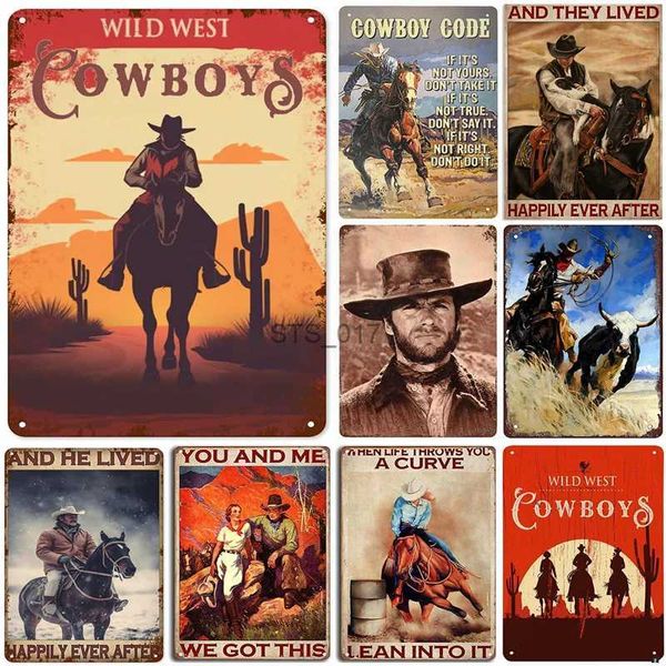 Metallmalerei Western Cowboys Metallblechschilder Vintage Reitpferde Wanddekoration Poster Zuhause Bars Club Cafés Geschäft Wandkunst Eisenplattenmalerei