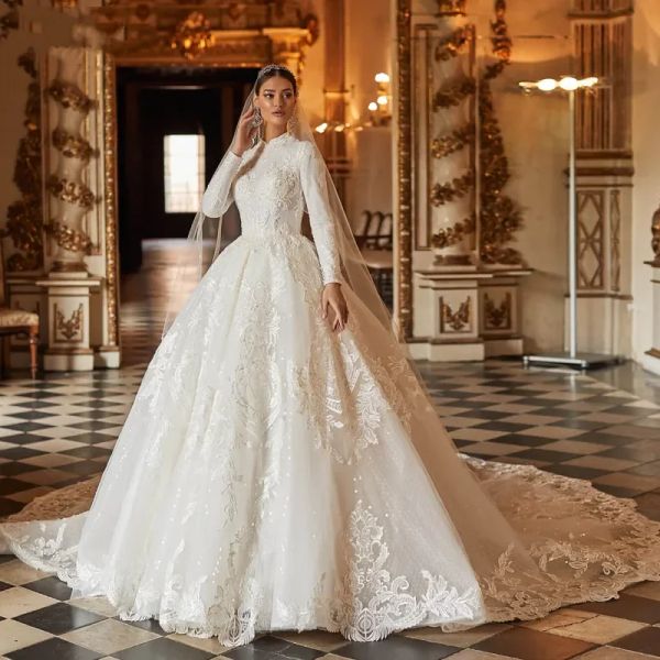 Свадебные платья принцессы с высоким вырезом и длинными рукавами, кружевные аппликации, королевские свадебные платья с шлейфом часовни, арабский Дубай, великолепное платье невесты 2024, арабское платье