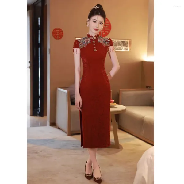 Roupas étnicas Vinho Vermelho Renda Qipao Meninas Estilo Oriental Vestidos Tradicional Bordado Cheongsam Moderno Chinês Elegante Vestido Mulheres Vintage