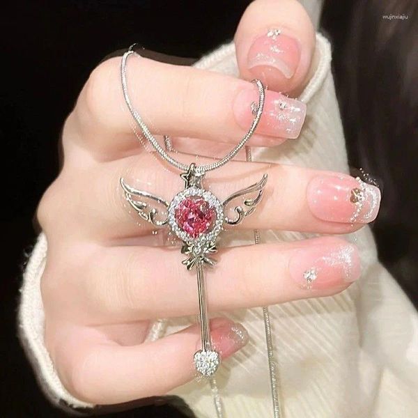 Anhänger Halsketten Koreanische Mode Rosa Zirkon Zauberstab Halskette Für Frauen Geschenk Charme Chocker Dekoration Junges Mädchen Y2K Zubehör Schmuck