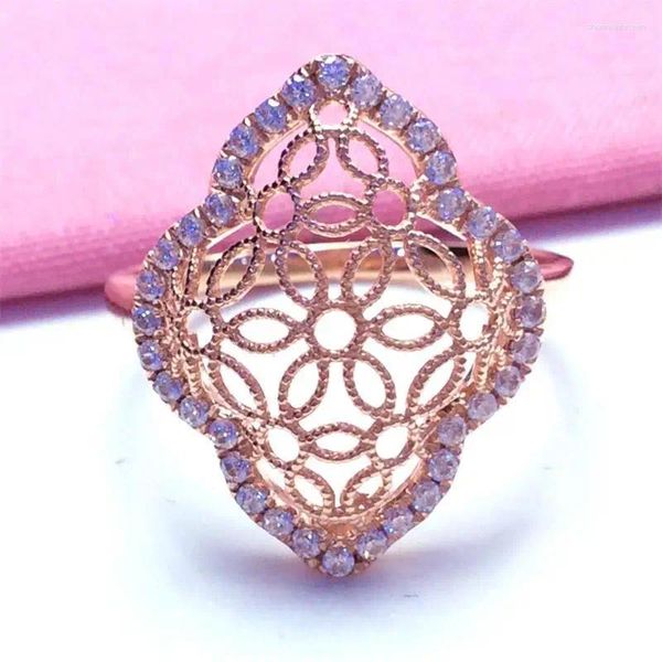Anéis de cluster 585 ouro roxo 14k rosa flor larga requintado exagerado diamante romântico oco design ajustável anel feminino