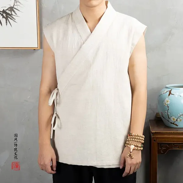 Toppastro per canotte maschili uomini uomini Hanfu in stile antichità di lino in cotone senza maniche cinese giovane colore solido color retrò design a v-collo