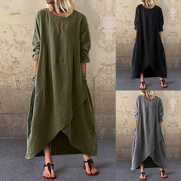 Casual Kleider Frauen Sping Kleid Lange Ärmel O Neck Schlitz Unregelmäßigen Saum Lose Vintage Elegante Einfarbig Plus Größe