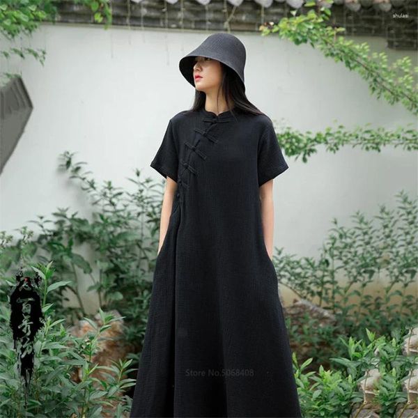 Etnik Giyim Çin Moda Cheongsams Kadınlar İçin Vintage Qipao Uzun Partisi Gelinlik Pamuk Keten Hanfu Geleneksel Çin Stil