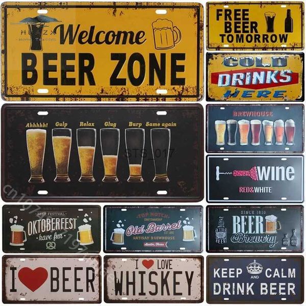 Pintura de metal Zona de cerveja de boas-vindas Sinais de cerveja fria Porta da frente Bar Pub Café Decoração de parede Retro Metal Tin Sign Artesanato Decoração Placa de carro Placas de licença