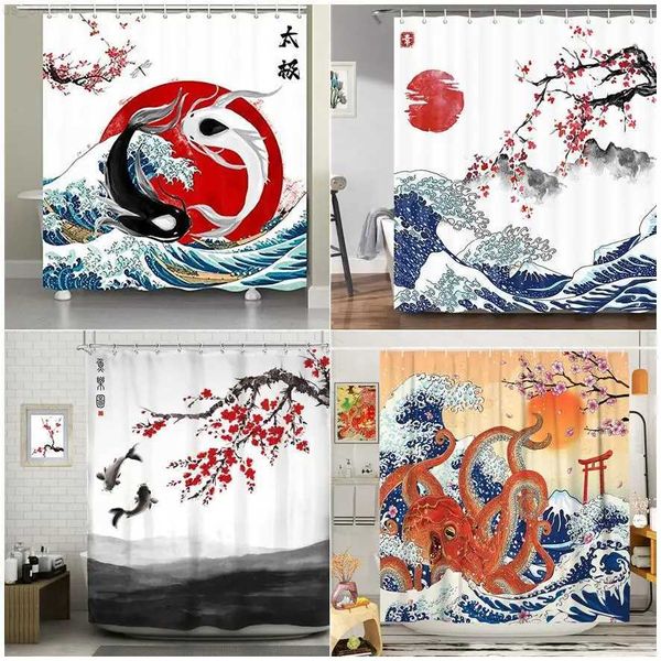 Занавески для душа в японском стиле, занавеска для душа, кои, рыба, вишневый цвет, солнце, морская волна, осьминог, пейзаж, занавески из полиэфирной ткани, декор для ванной комнаты
