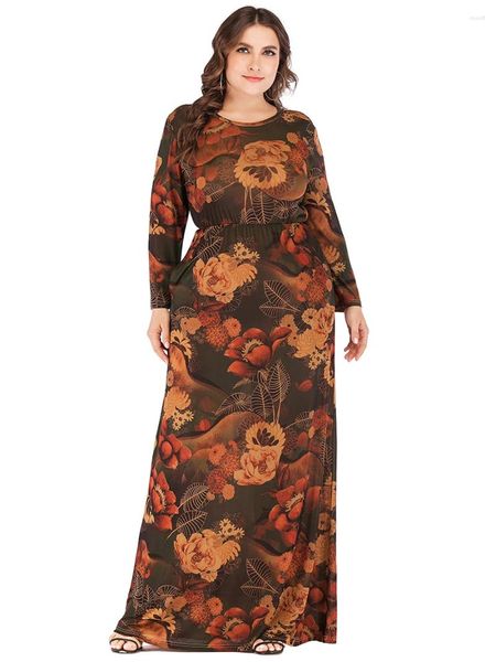 Plus size vestidos 4xl 5xl 6xl maxi vestido feminino inverno manga longa retro impressão vintage bolsos até o chão túnica festa