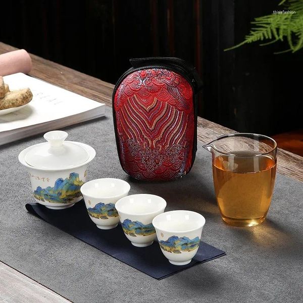 Set da tè Stoviglie Teiere in ceramica con 3 tazze da tè Porcellana Gaiwan Teaset Set da viaggio portatile Bicchieri Regali