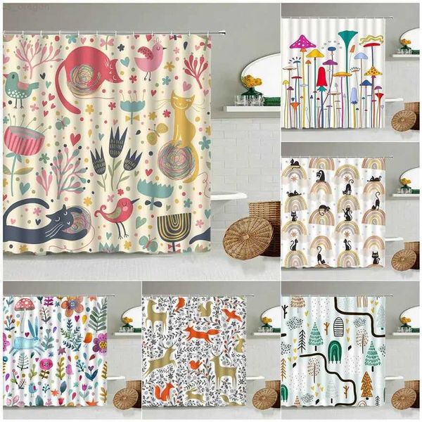 Cortinas de chuveiro dos desenhos animados pintados à mão animal cortina de chuveiro gato pássaro coelho planta flor criança decoração do banheiro com gancho pendurado tela lavável