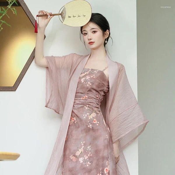 Этническая одежда для женщин Cheongsam Hanfu с цветочным принтом в китайском стиле Qipao Элегантные классические платья Улучшенные платья Сетчатый кардиган Халат