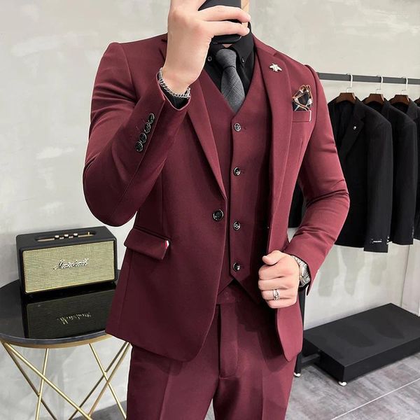 Erkekler Suits Yüksek Kalite (Blazer yelek pantolon) İtalyan tarzı zarif moda basit iş rahat beyefendi üç parçalı takım elbise