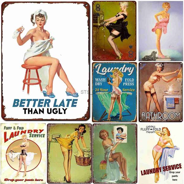 Pittura su metallo Vintage Pinup Girls Targhe in metallo in metallo Decorazione da parete per bagno Lavanderia Man Cave Home Bar Garage Cafe Club Poster retrò Targa