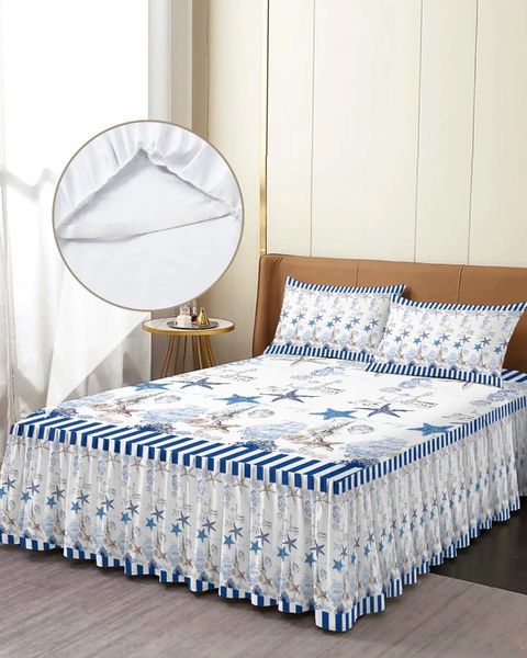 Gonna letto Blu Oceano Stella Marina Ancora Conchiglia Corallo Barca Copriletto con federe Coprimaterasso Set lenzuolo