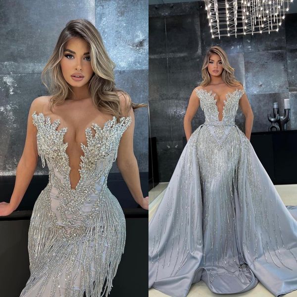 Lindo vestido de noite de cristal sexy sereia decote em v profundo vestidos de baile querida lantejoulas trem destacável vestidos de festa feitos sob encomenda