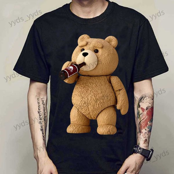 Homens camisetas Impressão bonito urso de pelúcia bebendo cerveja poster camiseta verão manga curta top algodão camiseta legal camiseta top streetwear t240124