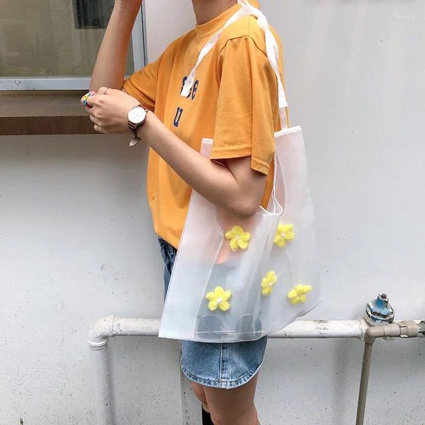 Sacos de compras Pequena flor transparente fio saco ombro simples leve estudante mão tote eco algodão reciclar