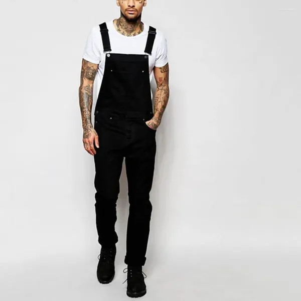 Herren-Jeans, lässige schwarze Overalls, Nieten-Knopfverschlüsse, männliche Denim-Hosenträgerhose