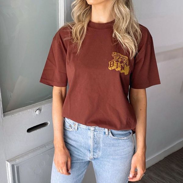 Tiger-Print Burgundy T-Shirt für Frau O-Neck Kurzarm Baumwolle T-Shirts weibliche Sommer Casual Classic Luxus T-Shirt All-Match Streetwear Tops Kleidung Kleidung