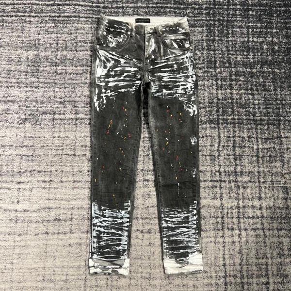 Calça Jeans Masculina High Street Lavada Vintage Tinta Spray Splash Ink Slim