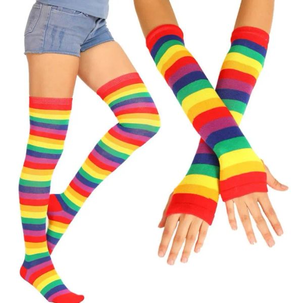 Ensemble de costumes arc-en-ciel, chaussettes hautes à rayures, chauffe-bras, gants sans doigts, pour adolescents et adultes, Halloween, Cosplay, déguisement de Noël, vêtements de scène BJ