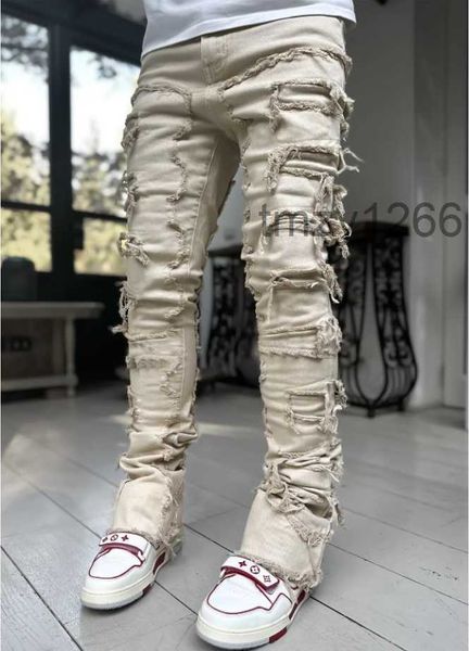 Stack Jeans Herren Lila Regular Fit Stacked Patch Distressed Destroyed Straight Denim Hose Streetwear Kleidung Stretch Bein US Größe YO7Y