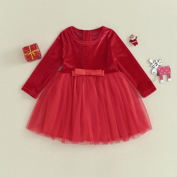 Vestidos de menina de natal da criança do bebê meninas vestido de princesa bonito festa de veludo malha infantil sólido em camadas tule manga longa batismo