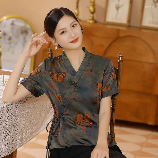 Camicette da donna Camicia con stampa Qipao Top in raso di seta Tang Abbigliamento Donna Vintage con scollo a V Abito Hanfu Camicetta Cheongsam stile cinese Estate