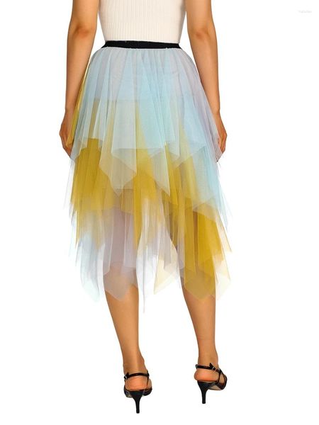 Gonne Donna Moda Midi Colore a contrasto Solido Elastico Vita alta Volant irregolari Tutu in tulle multistrato