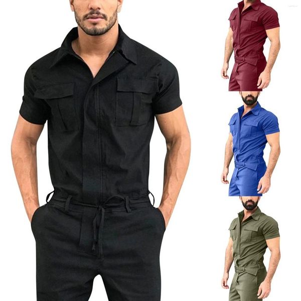 Männer Hosen Männer Overalls Solide Revers Langarm Taste Cargo Overalls Taschen Streetwear Casual Strampler Mit Gürtel 5xl 2024