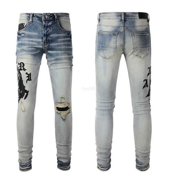 Herrenjeans Designer-Herrenjeans, Hip-Hop-Mode, Reißverschluss, Lochwaschung, Jeanshose, Retro-Jeans mit zerrissenen Faltnähten, Herrendesign, Motorradfahren, coole, schmale Hose, lila Jeans für Damen