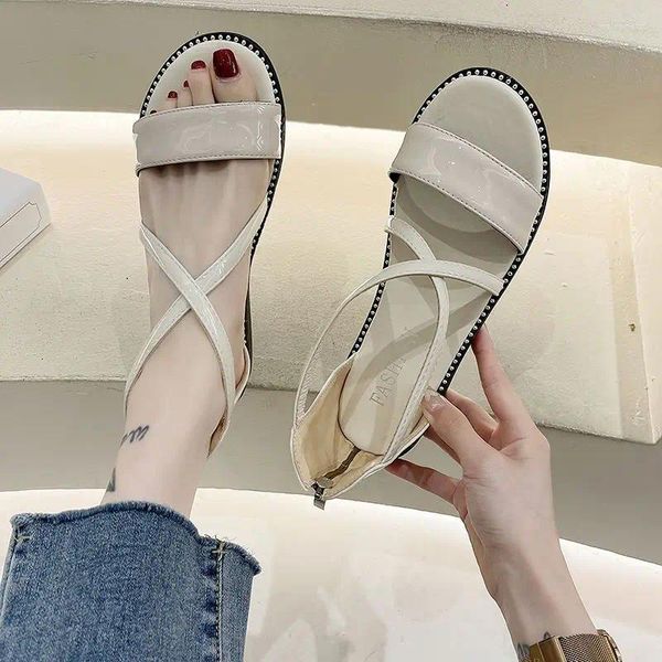 Kleidschuhe Damen Wedges Heel Sandalen für Frau Beige Offene Zehe Schuhe Reißverschluss Römischer Stil Sommer 2024 Atmungsaktive Mode Korea H F