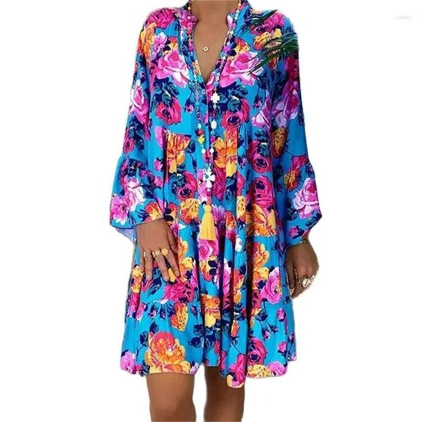 Vestidos casuais mulheres botânica flor impressão vestido solto botão meio split pescoço manga longa grande bainha elegante feminino escritório commuter vestido