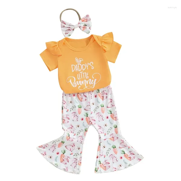 Set di abbigliamento per bambine outfit estate a maniche corte per lettere stampata con pantaloni bagliori di fragola e fascia di testa bowknot Pasqua