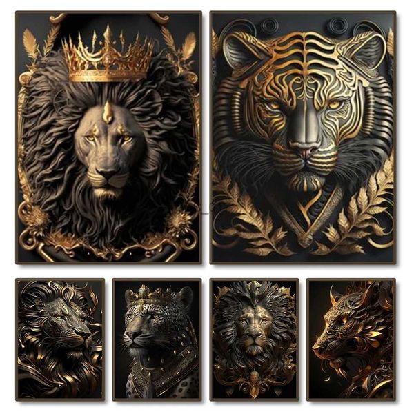 Gemälde Schwarz und Gold Löwe Tiger Porträt Leinwand Malerei Metall Tier Poster Drucke Wandkunst Ästhetisches Bild für Home Office Dekor