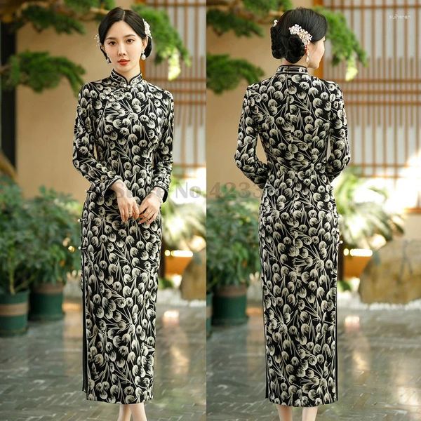 Roupas étnicas Moda Impresso Slim Qipao Vintage Mandarim Collar Tradicional Vestido Feminino Elegante Temperamento Vestidos Sexy Clássico