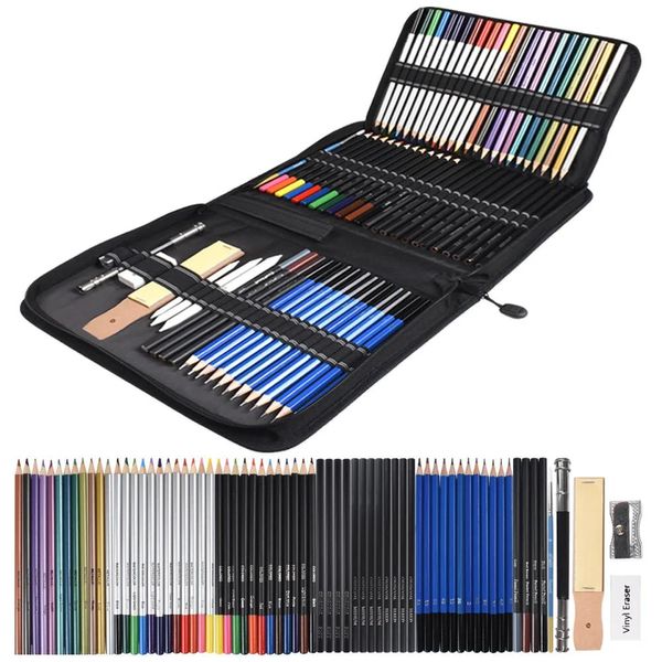 Suprimentos 72pcs lápis de esboço e conjunto de lápis de cor material escolar lápis de desenho kit para iniciantes aquarela metálica oleosa materiais de arte