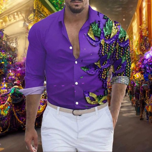 Camisas casuais masculinas carnaval para homens luxo mardi gras diamante masquerade 3d impressão blusas lapela botão top diário streetwear