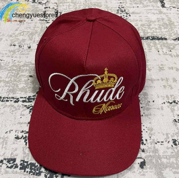 Летняя стильная солнцезащитная кепка с широкими полями, классическая вышивка короной, красная бейсболка Rhude для мужчин и женщин, регулируемая шляпа RHUDE High Street, хорошая