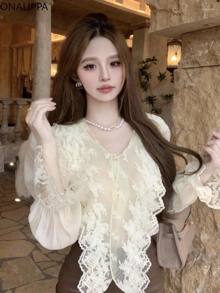 Damenblusen Onalippa Spitze Rüschen Solide Bluse Frauen Sanfter Wind V-Ausschnitt Flrare Langarmshirts Koreanisch Süß Gerade Lose Chiffon