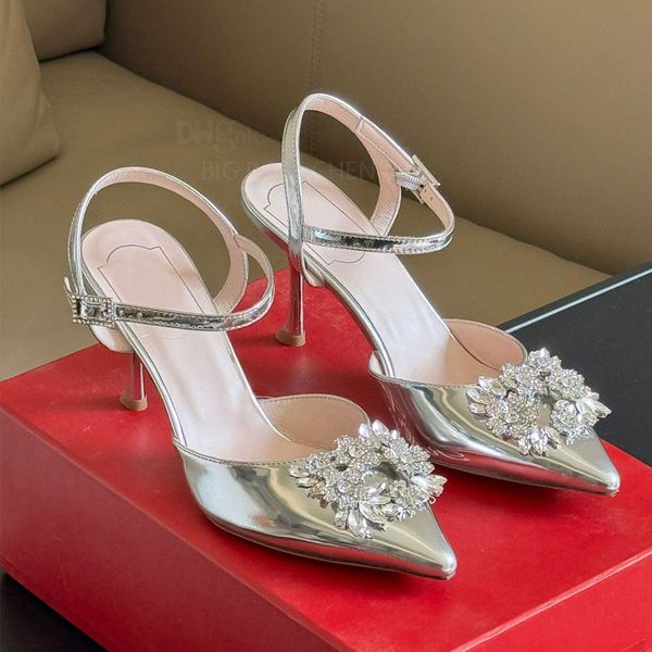 Strass di alta qualità Fibbia quadrata Tacchi slingback argento Sandali in cristallo satinato Scarpe eleganti con tacco a spillo Scarpe da cena di nozze firmate di lusso in pelle verniciata