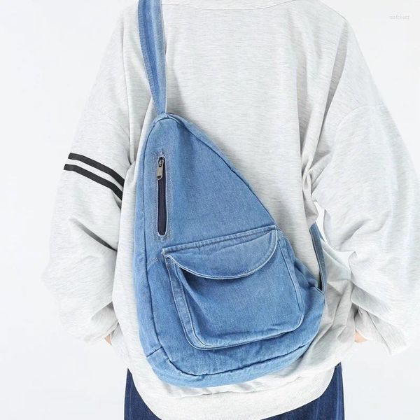 Okul çantaları 90s moda grunge denim tekstil bir omuz sırt çantası 2024 Kore şık estetik seyahat orta boy açık mavi yan kese çantası