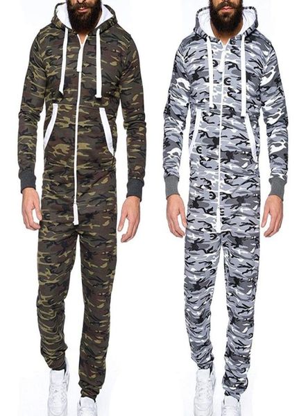 Men039s calças masculinas peça única vestuário pijama playsuit zíper com capuz masculino macacão camuflagem impressão macacão streetwear 2023748314