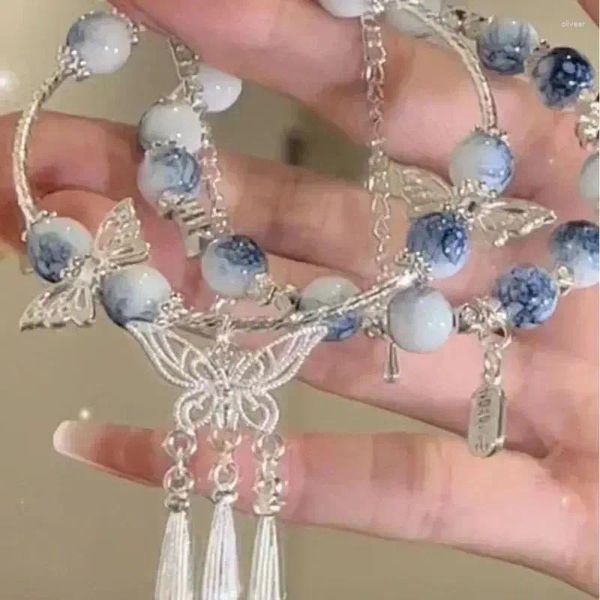 Link pulseiras estilo chinês vintage fresco azul branco borboleta borla porcelana vitrificada pulseira para mulheres requintado elegante presente estético