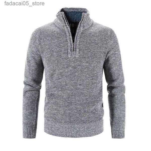 Suéter dos homens Moda Mens Fleece Mais Grosso Knit Sweater Jumper Zip Mock Neck Quente Cor Sólida Pulôver Slim Sweaters Homem Roupas Q240124